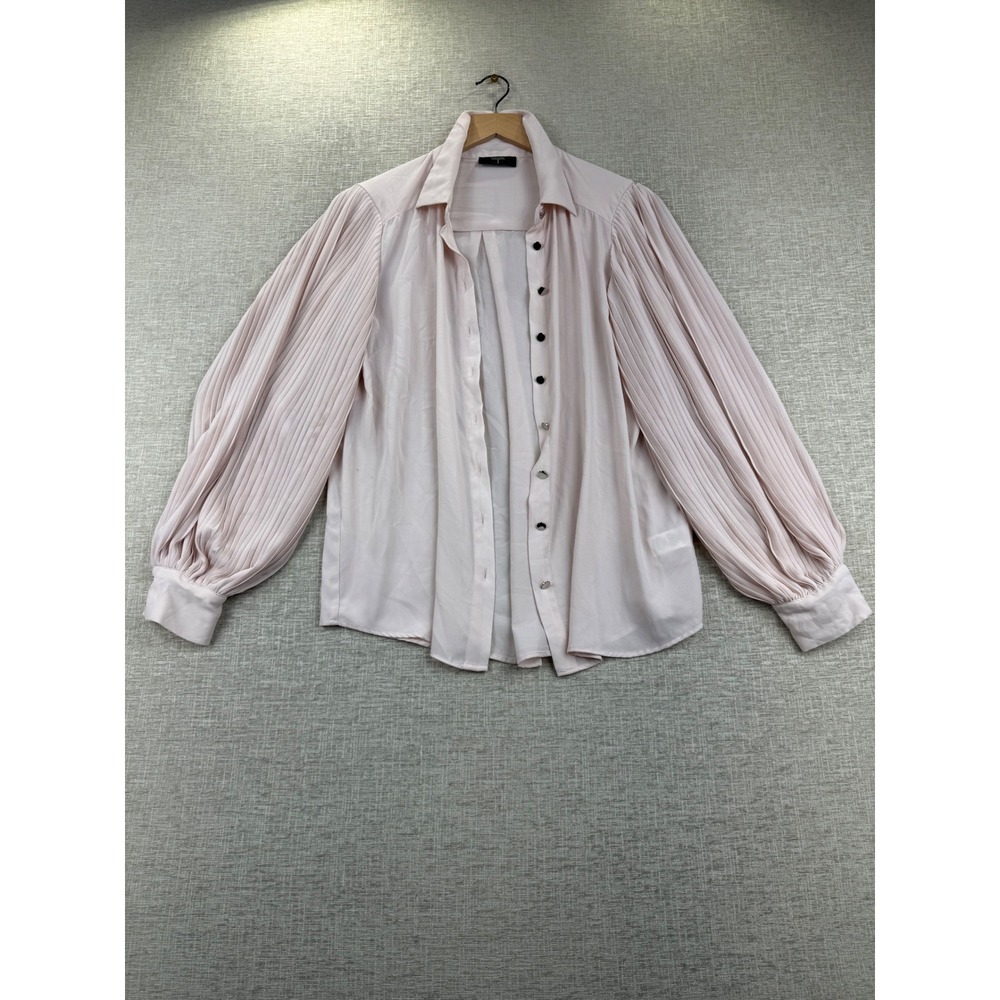 Tahari Womens Blush Pink Pleated Balloon Sleeve Button Down Blouse Size M